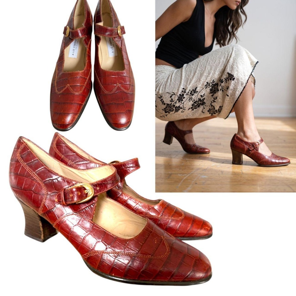 90s Vintage Liz Claiborne Croc Leather Mary Jane Buckle Heels Size 8.5 -9 rare - Picture 2 of 5